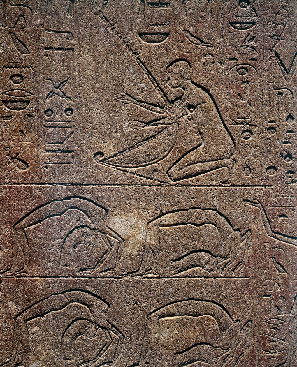 Celebrações com harpista e acrobatas, relevo, Capela Vermelha de Hatshepsut, reconstrução exposta no Museu de Karnak, Civilização Egípcia, Novo Reino, Dinastia XVIII de Egyptian 18th Dynasty