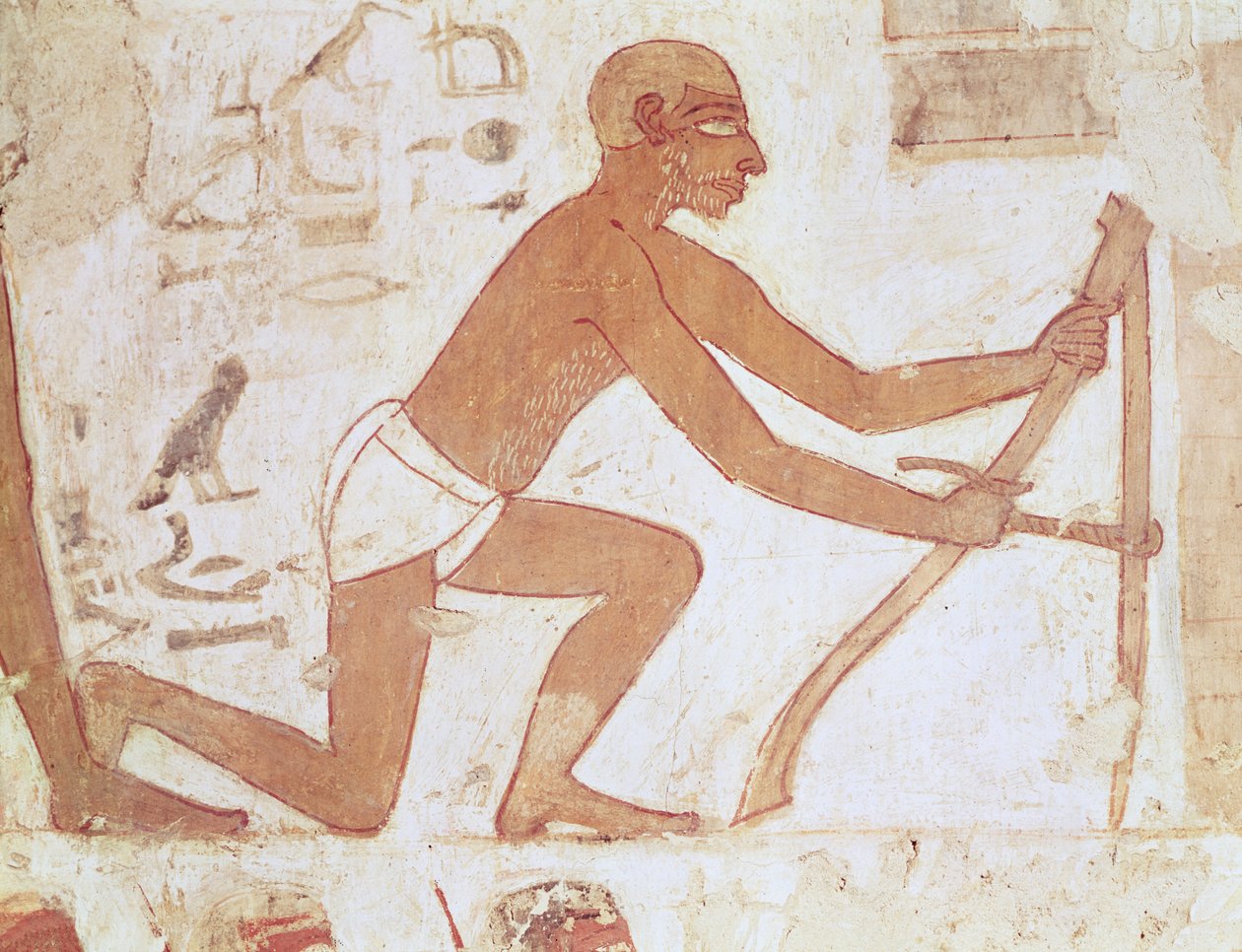 Construção de um muro, pormenor de um homem com enxada, do Túmulo de Rekhmire, vizir de Tuthmosis III e Amenhotep II, Reino Novo (pormenor de 157750) de Egyptian 18th Dynasty