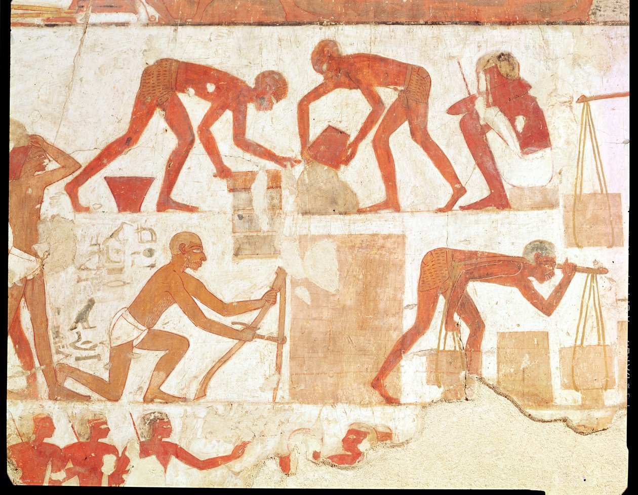 Construção de um muro, a partir do Túmulo de Rekhmire, vizir de Tuthmosis III e Amenhotep II, Novo Reino (ver 202228 para detalhes) de Egyptian 18th Dynasty