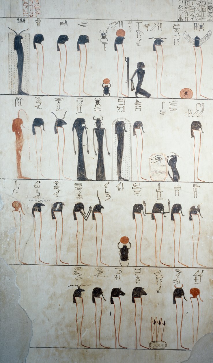 Representação da Ladainha de Rá, detalhe dos afrescos na câmara funerária do Túmulo de Tutmosis III, Vale dos Reis, Luxor, Tebas (Lista do Património Mundial da Unesco de Egyptian 18th Dynasty