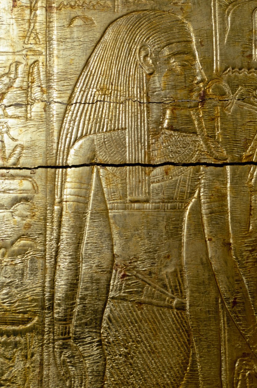 Detalhe da gravura da capela coberta de ouro de Tutankhamen, da Tumba de Tutankhamun, civilização egípcia, Reino Novo, Dinastia XVIII de Egyptian 18th Dynasty