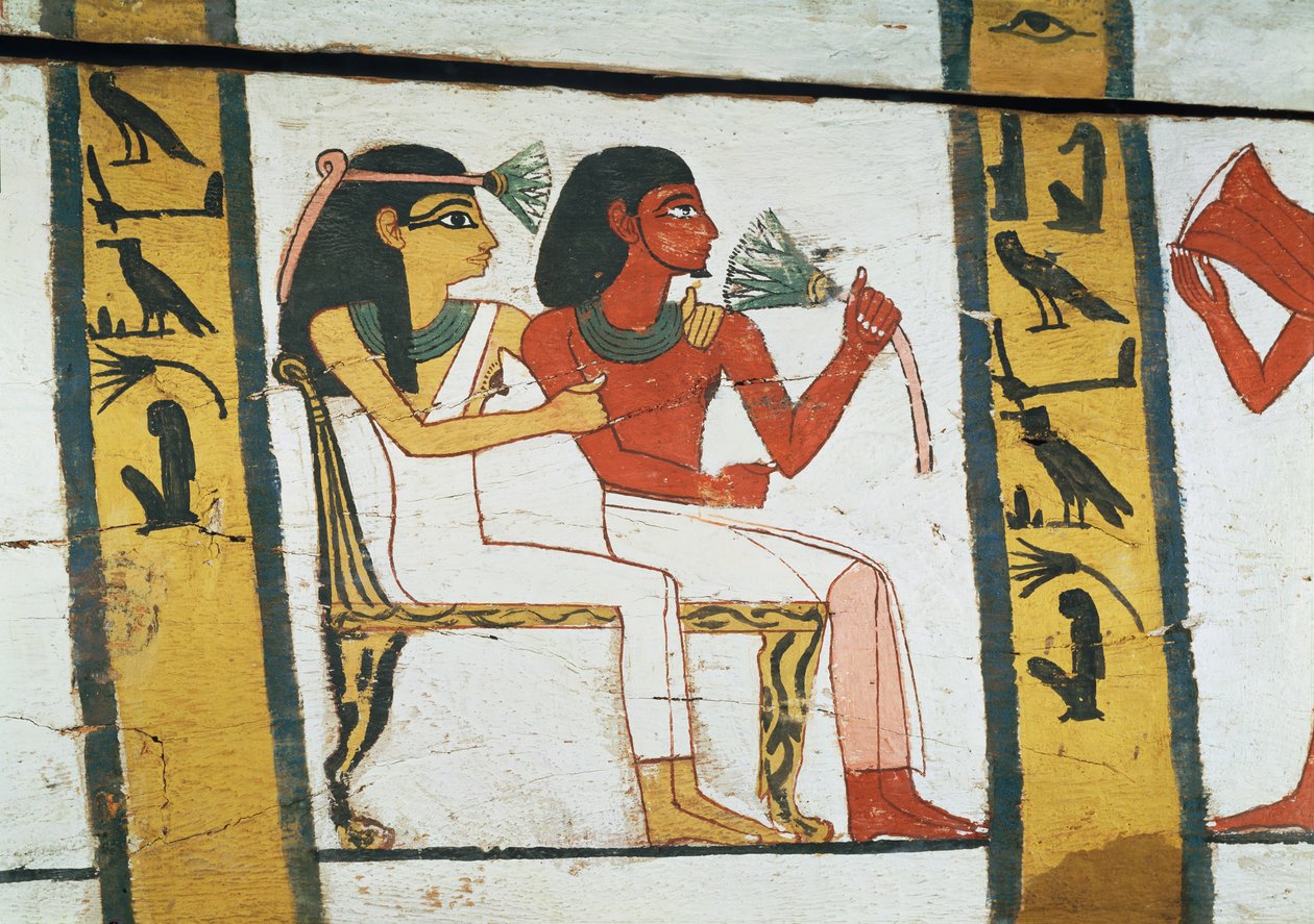 Detalhe da decoração de um sarcófago de A Senhora de Madja, Reino Novo, c.1450 a.C. (madeira pintada) de Egyptian 18th Dynasty