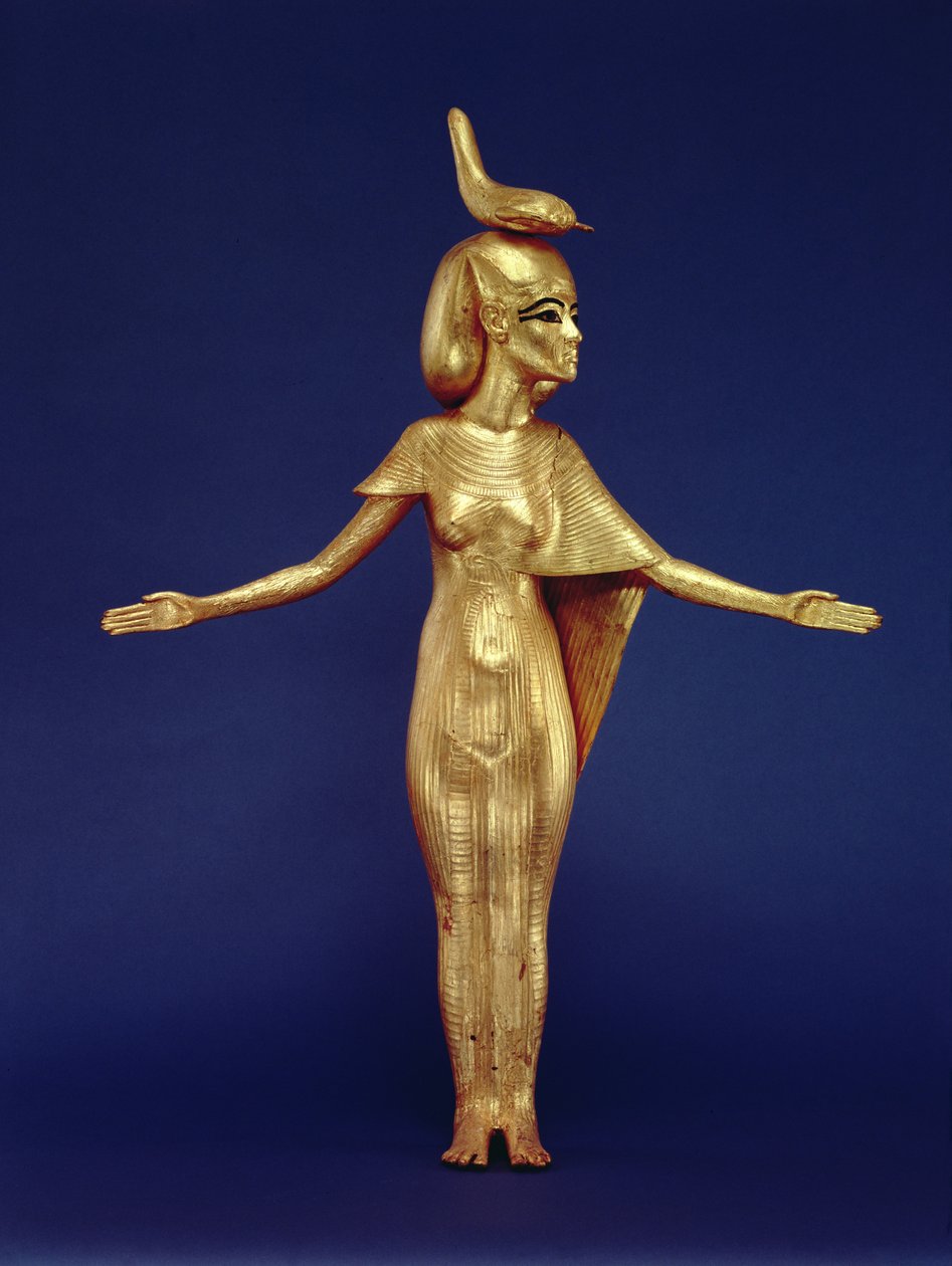 Detalhe da deusa Selket do santuário canópico, do Túmulo de Tutankhamun (c.1370-1352 AC) Novo Reino (madeira dourada) (ver também 228567) de Egyptian 18th Dynasty