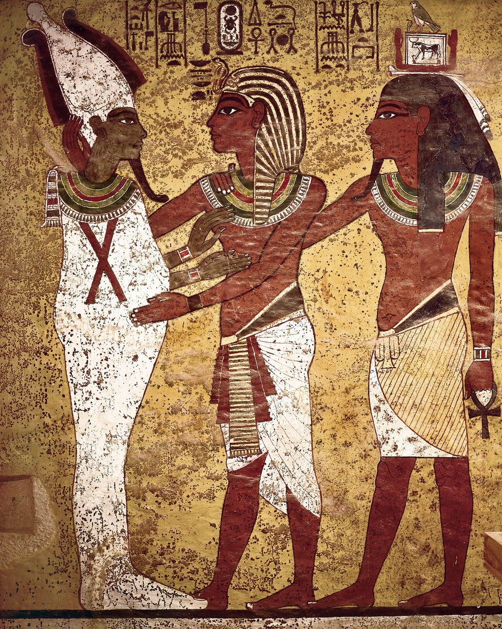Antiguidade egípcia: o faraó Tutankamun de frente para o deus Osiris de Egyptian 18th Dynasty