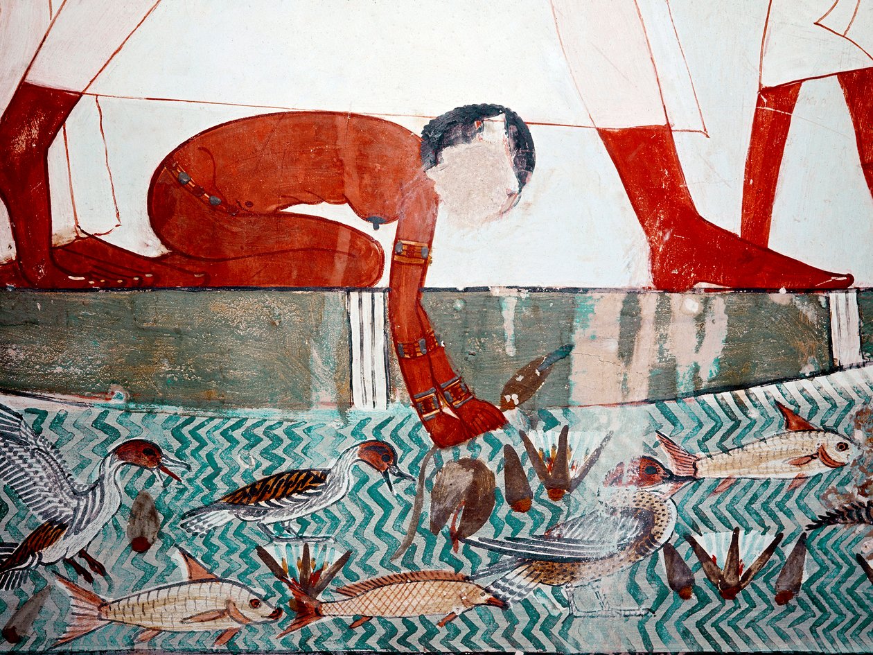 Arte Egípcia: Túmulo de Menna. Cena de peixe, detalhe. Uma criada nua escolhe uma flor de lótus (18ª dinastia) Fresco de Luxor (Site de Tebas, Sheikh Abd al-Gournah (Gournah), margem esquerda do rio Nilo, Egito. de Egyptian 18th Dynasty