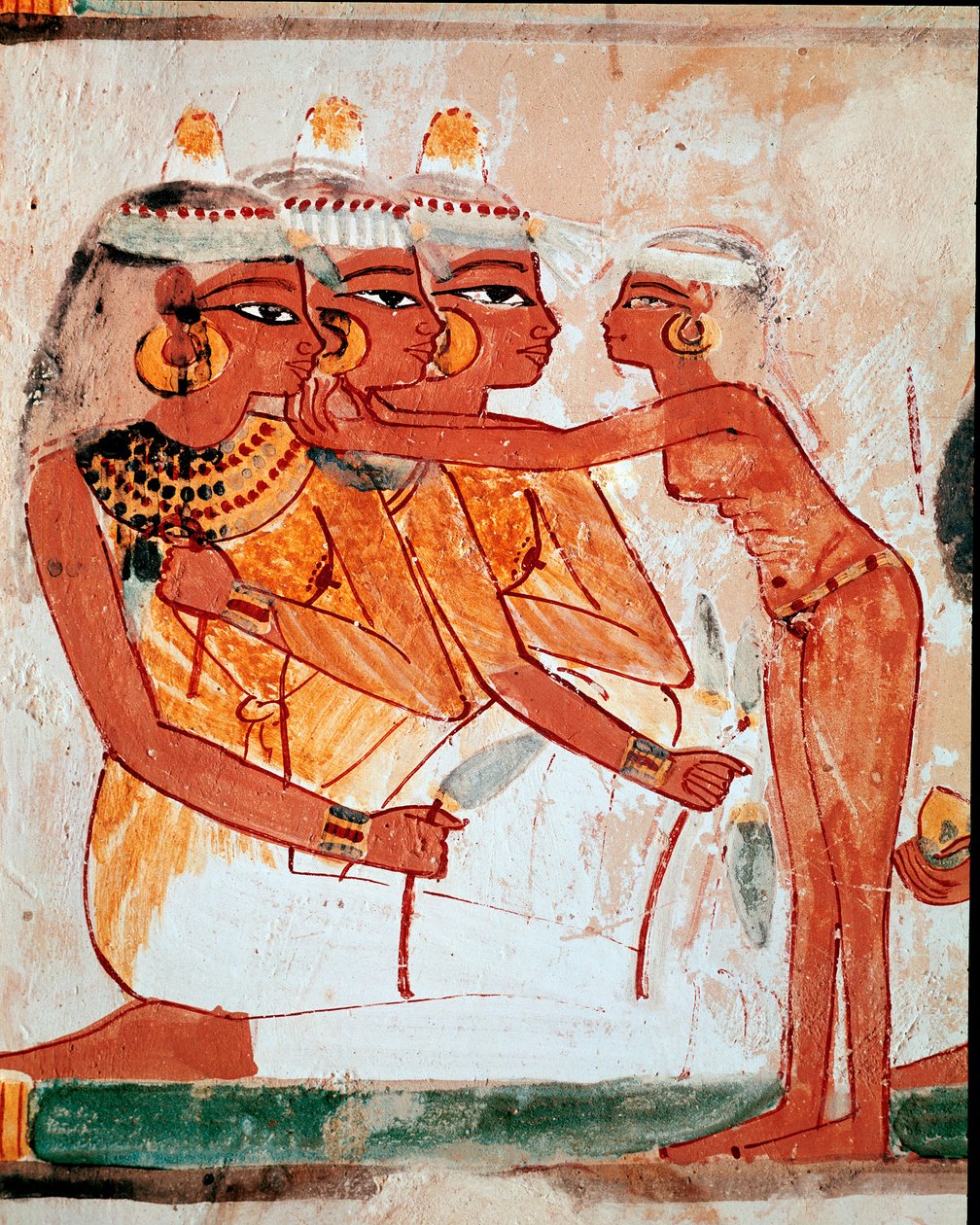 Arte Egípcia: Túmulo de Nakht. Sanita: criada que ajuda três mulheres com flores de lótus a colocar nas jóias antes do banquete funerário. Fresco de Luxor (Site de Tebas, Necrópole do Xeque Abd al-Gournah (Gournah), margem esquerda do rio Nilo, Egito. de Egyptian 18th Dynasty