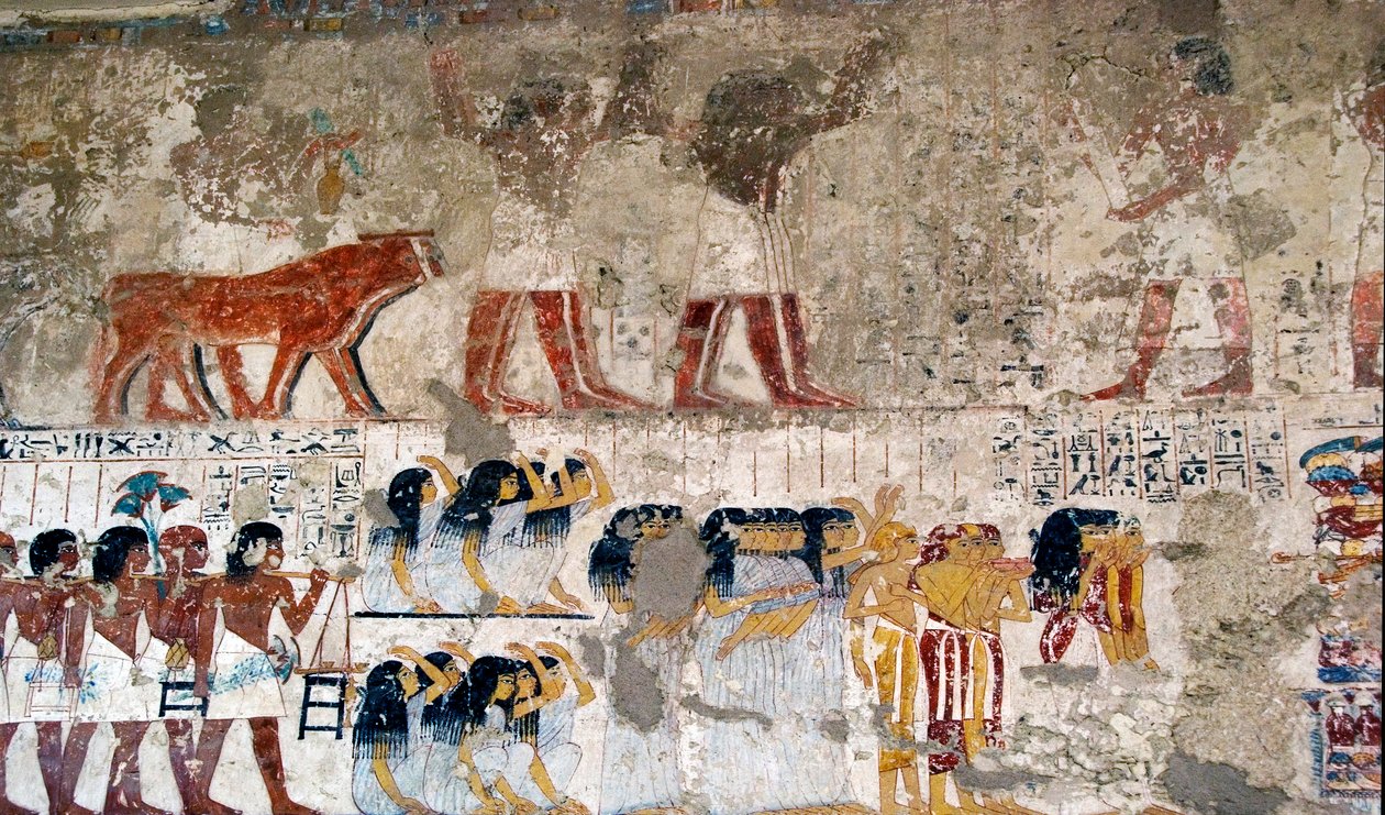 Antiquidade egípcia: "Portadores de oferendas e choro" Fresco do Túmulo de Vizir Ramose (18ª dinastia). Luxor, Cisjordânia, Vale dos Nobres do Egito - Antigo Egito: portadores de oferendas e lamentadores. Fresco da Tumba do Vizir Ramose (18ª dinastia). de Egyptian 18th Dynasty