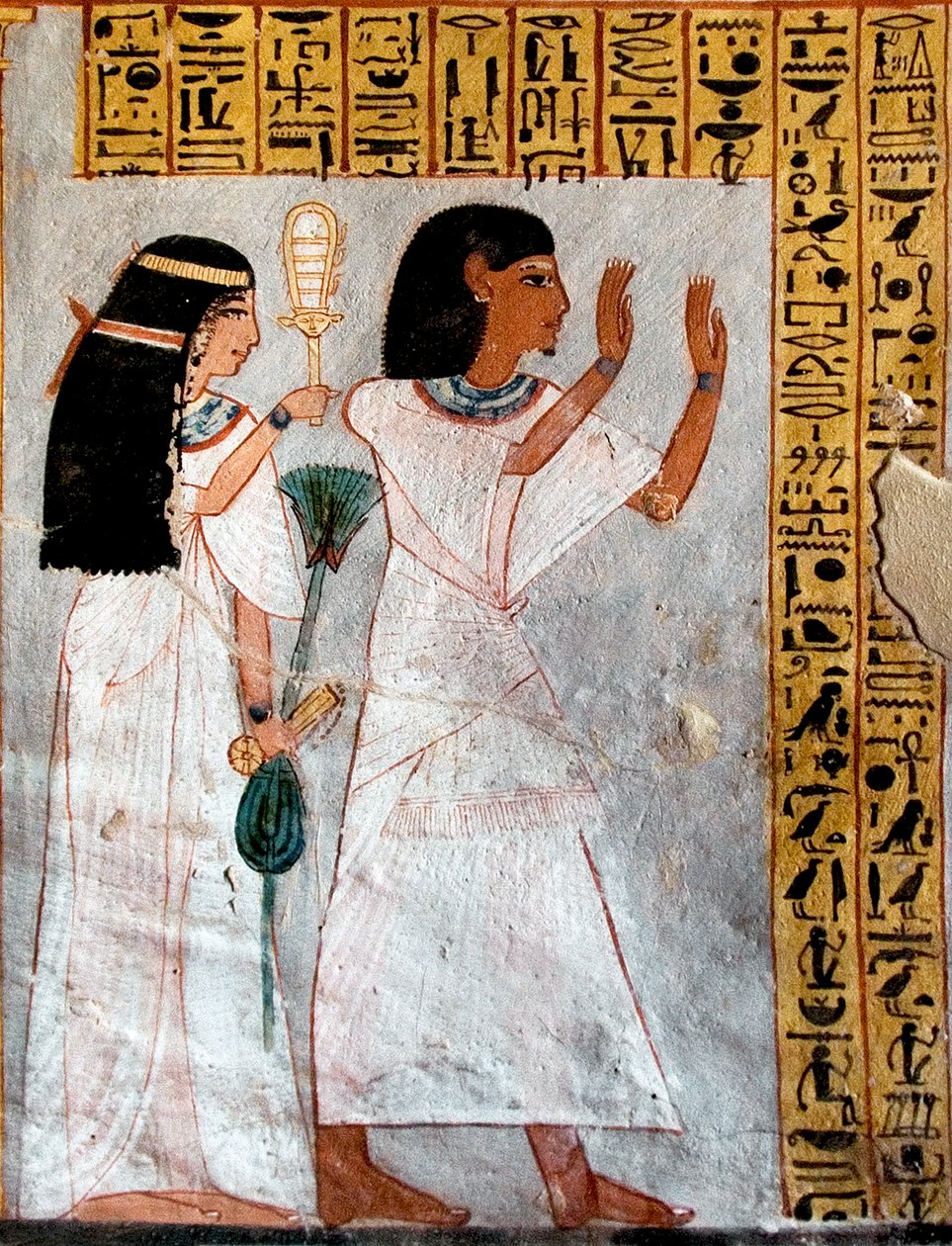 Antiquidade egípcia: personagens em adoração. Túmulo de Roy (TT255). 18ª dinastia. Da Cisjordânia de Luxor, Egipto - Antigo Egipto: Osíris sendo adorados por um casal. Tumba de Roy (TT 255). 18ª dinastia. Da margem ocidental de Luxor, Egipto. de Egyptian 18th Dynasty
