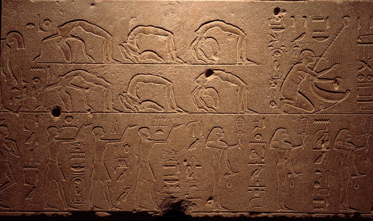 Antiquite egípcio: detalhe de um afresco gravado representando dançarinos, contorcionistas e músicos. Período da Rainha Hatshepsut (Hatshepsut) 18ª Dinastia. Luxor, Museu de Arte Egípcia de Egyptian 18th Dynasty