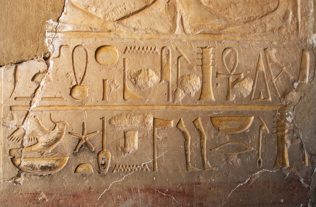 Antiquite egípcio: detalhe de uma inscrição com cartucho e hieróglifos representando longa vida e prosperidade. Templo dedicado à Rainha Hatshepsut (Hatshepsut) (1479 AC - 1457 AC) Deir el Bahari, Egito de Egyptian 18th Dynasty