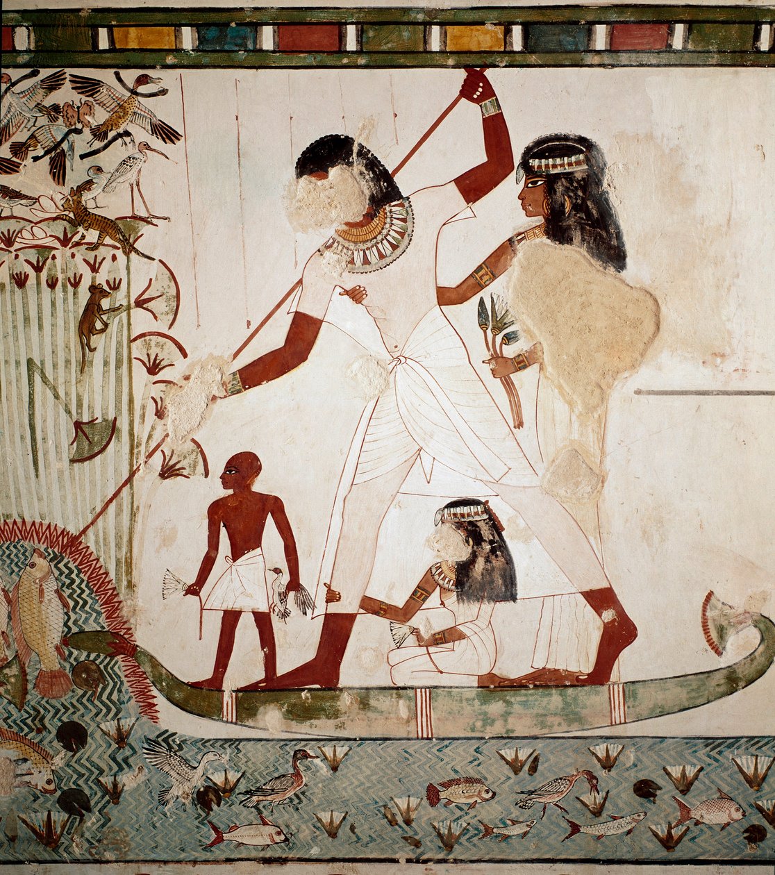 Antiquidade egípcia: "cena de pesca" O nobre Menna retrata num barco com a sua mulher a harponar um peixe. Fresco do túmulo de Menna (TT69) da área do túmulo dos nobres de Gournah. Sheikh Abd al-Gournah (el Gournah), Luxor Egito de Egyptian 18th Dynasty