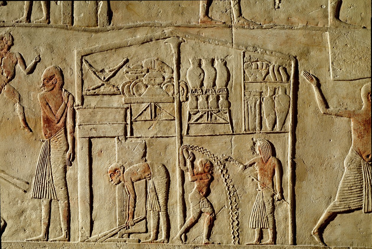 Antiquidade egípcia: "Os alimentos são armazenados em armazéns" Alívio que decora uma sepultura de um alto funcionário da 18ª dinastia. Bolonha Civico Museo Archeologico de Egyptian 18th Dynasty