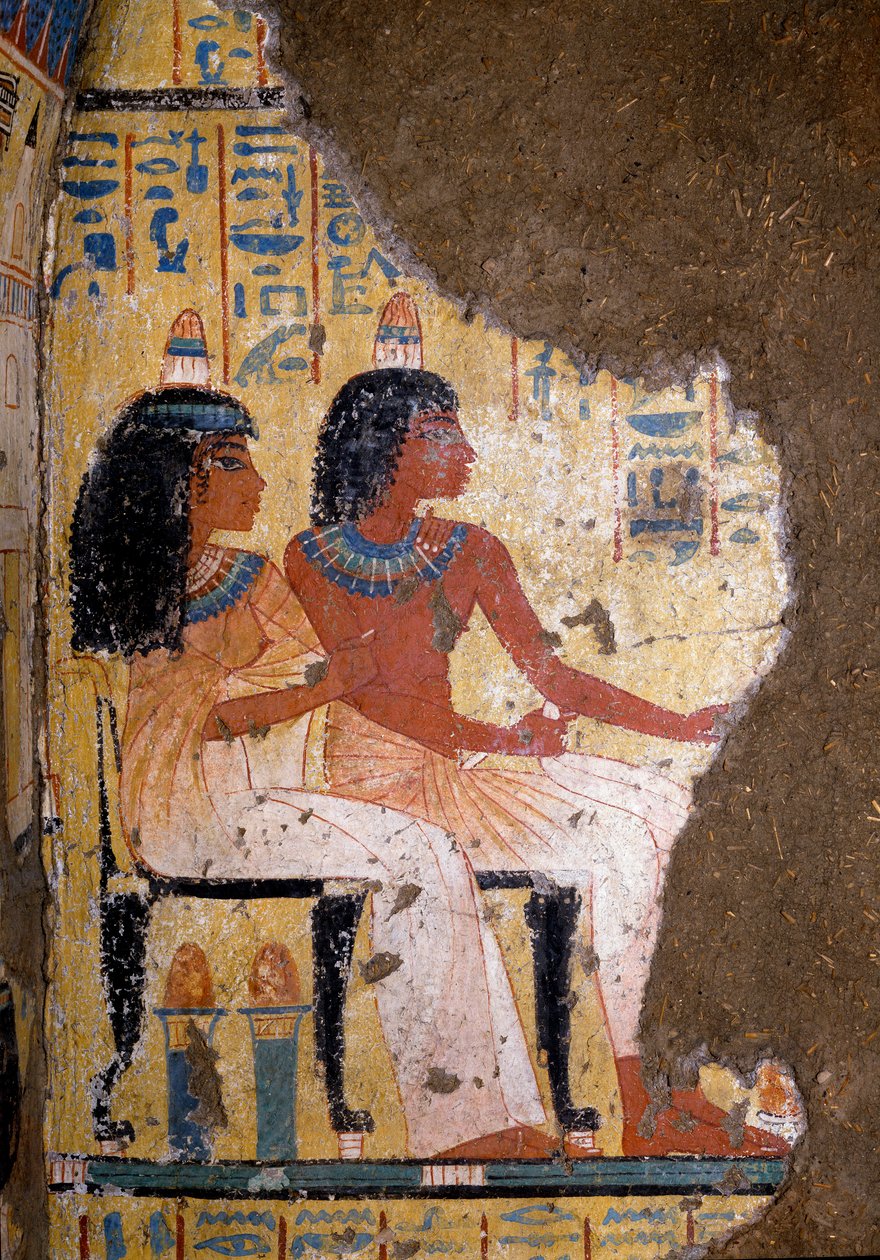 Antiquite egípcio: fresco do túmulo do pintor Maia, o falecido e sua esposa sentados em um banquete. 18ª dinastia. Da Capela da Maia, Deir el-Medineh (el Medineh), Novo Império Dim. 67 cm Turim, Museu Egípcio de Egyptian 18th Dynasty