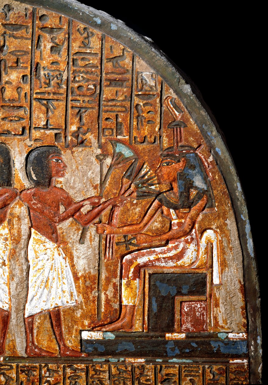 Antiquite egípcio: estela funerária do Minhotep: detalhe representando uma oferenda de flores à deusa Hathor que tem a chave da vida na forma de um cruzeiro anjo (Ankh). 18ª dinastia. Século XIV a.C. turin, museu egípcio de Egyptian 18th Dynasty