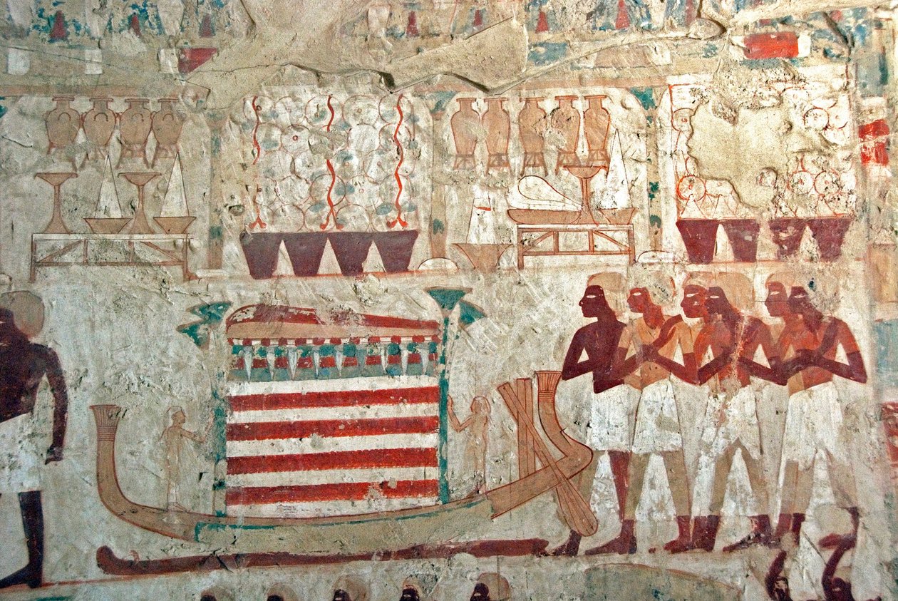 Antiquite egípcio: pintura decorando o túmulo de Userhat (Ursehat) (TT56) oficial superior da Banheira (18ª dinastia) retratando o barco sagrado carregando o catafalque com a múmia de Oursehat. Luxor, Cisjordânia, Vale dos Nobres do Egito de Egyptian 18th Dynasty