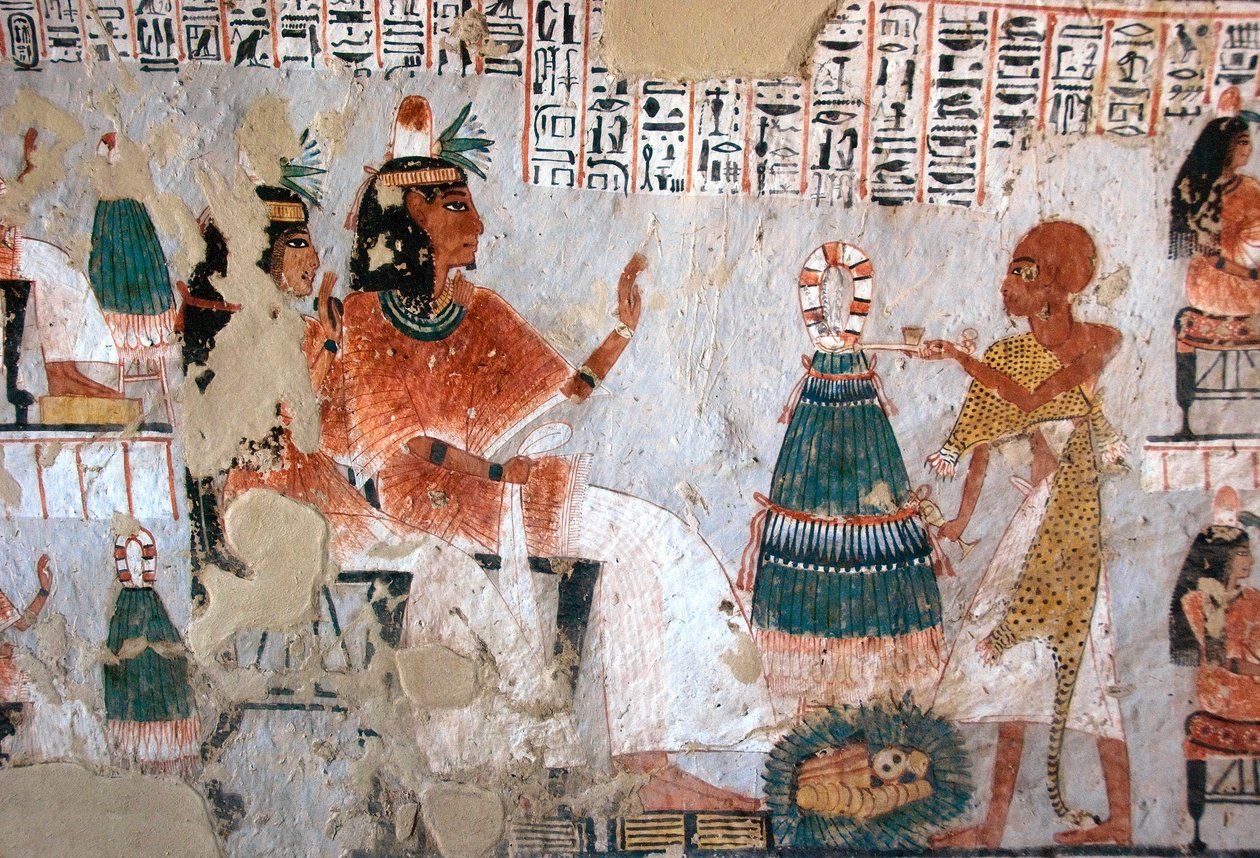 Antiguidade egípcia: representação de Roy e sua esposa Nebtawy frente a um sumo sacerdote. Pintura do Túmulo de Roy (TT255). 18ª dinastia. Da Cisjordânia de Luxor, Egipto. de Egyptian 18th Dynasty