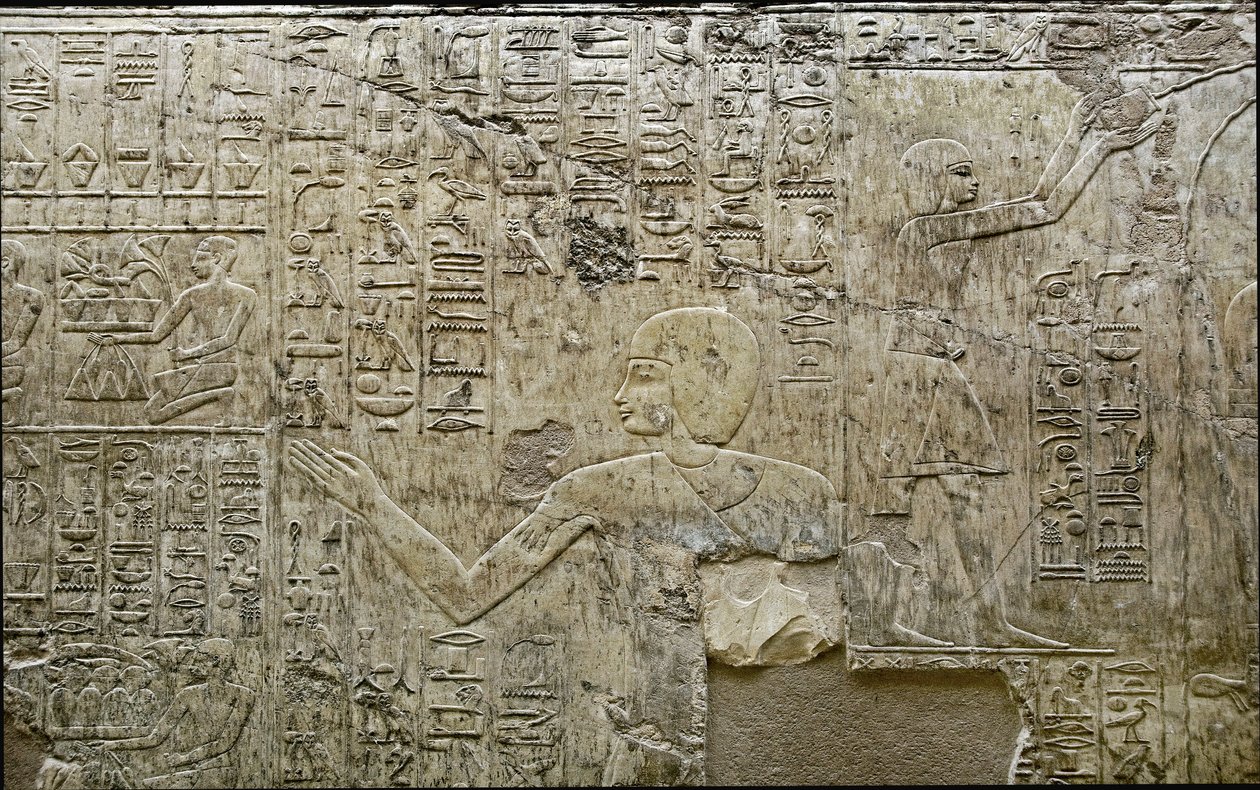 Antiguidade egípcia: representação de portadores de ofertas. Baixo relevo do Túmulo de Vizir Ramose (18ª dinastia). Luxor, Tebas, Vale dos Nobres do Egito de Egyptian 18th Dynasty