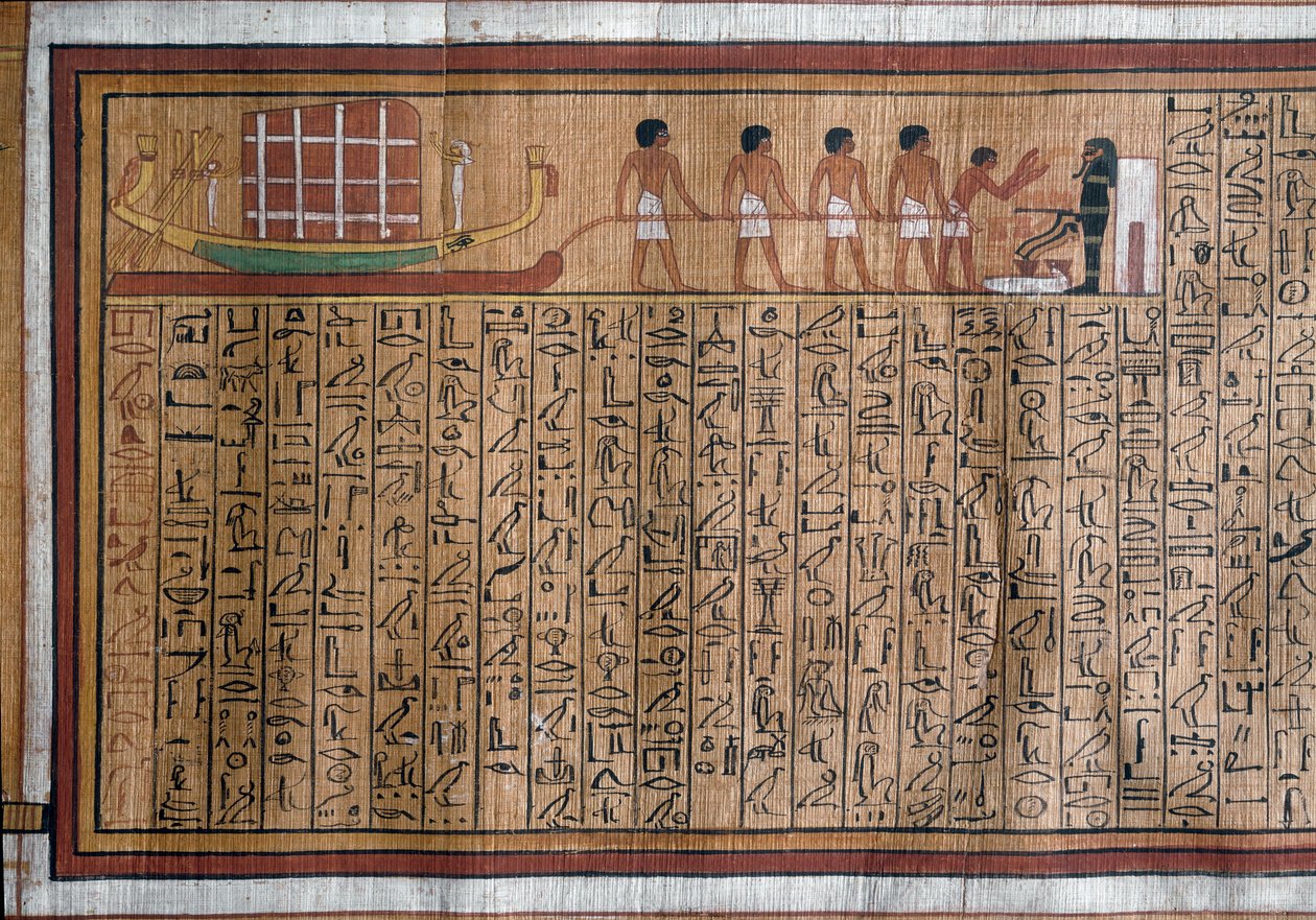 Antiquite egípcia: o transporte do catafalque até ao túmulo. Papiro. Livro dos Mortos de Kha. 18ª dinastia de Egyptian 18th Dynasty