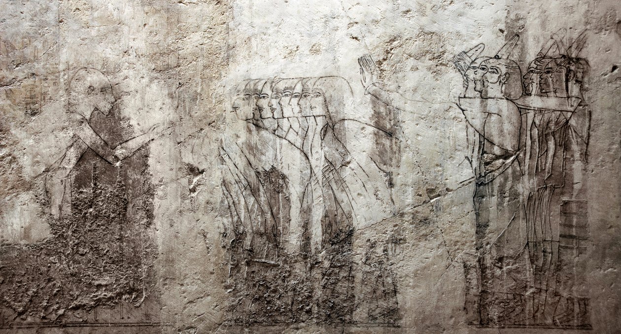 Antiquite egípcio: desenhos inacabados que decoram o Túmulo de Vizir Ramose (18ª dinastia). Luxor, Cisjordânia, Túmulo dos Nobres do Egipto de Egyptian 18th Dynasty