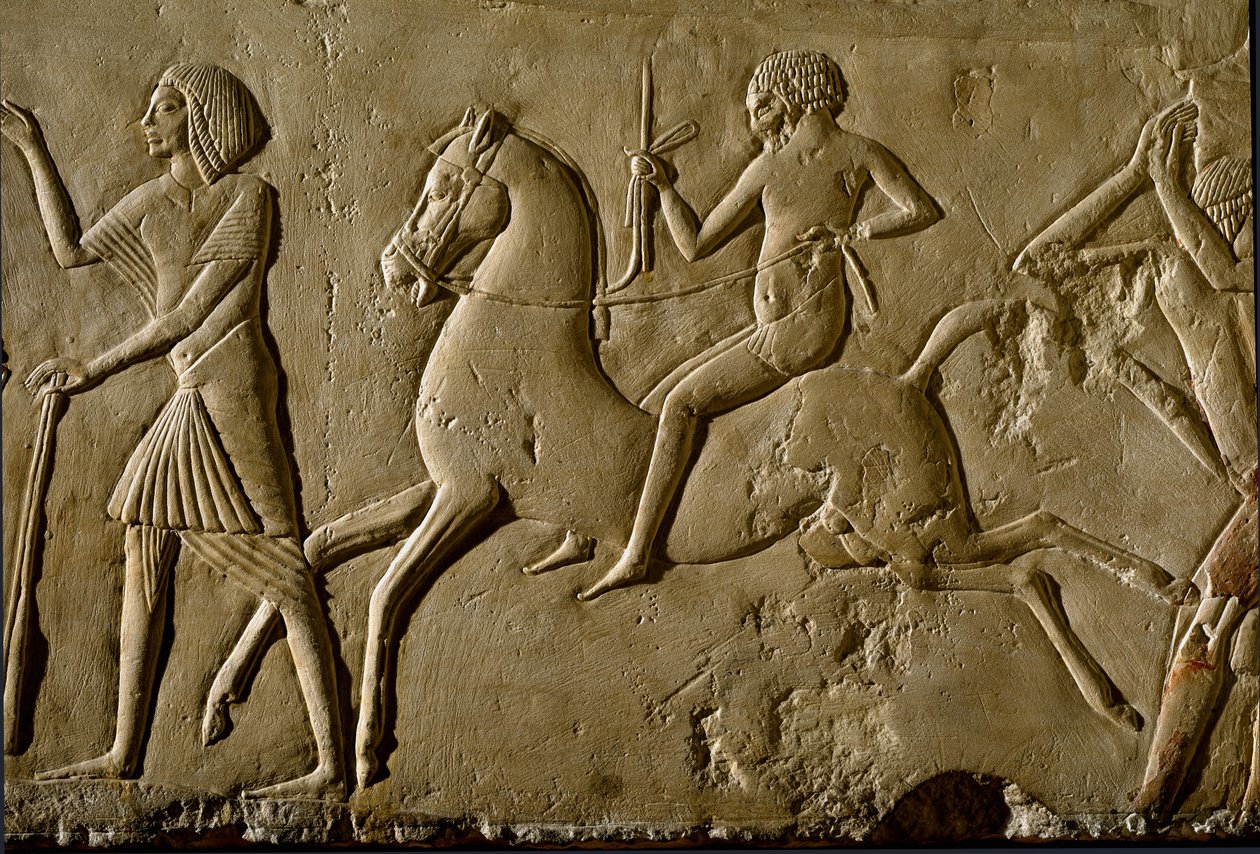 Antiquidade egípcia: "guerreiro a cavalo" Alívio de um túmulo de um alto dignitário. 1354-1346 AC. 18ª dinastia. Bolonha, Civico Museo Archeologico de Egyptian 18th Dynasty