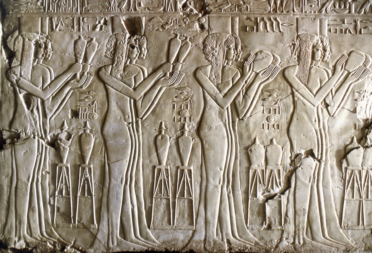 Antiguidade egípcia: jovens raparigas a fazer ofertas. Túmulo de Kherouef (TT192) (18ª Dinastia de Egyptian 18th Dynasty