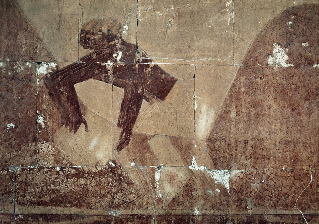 Troca de alimentos, pormenor de cena representando a expedição à Terra de Punt, relevo pintado, Colunata de Punt, Templo Mortuário de Hatshepsut, Deir el-Bahari, Necrópole Tebana, Civilização Egípcia, Novo Reino, Dinastia XVIII de Egyptian 18th Dynasty
