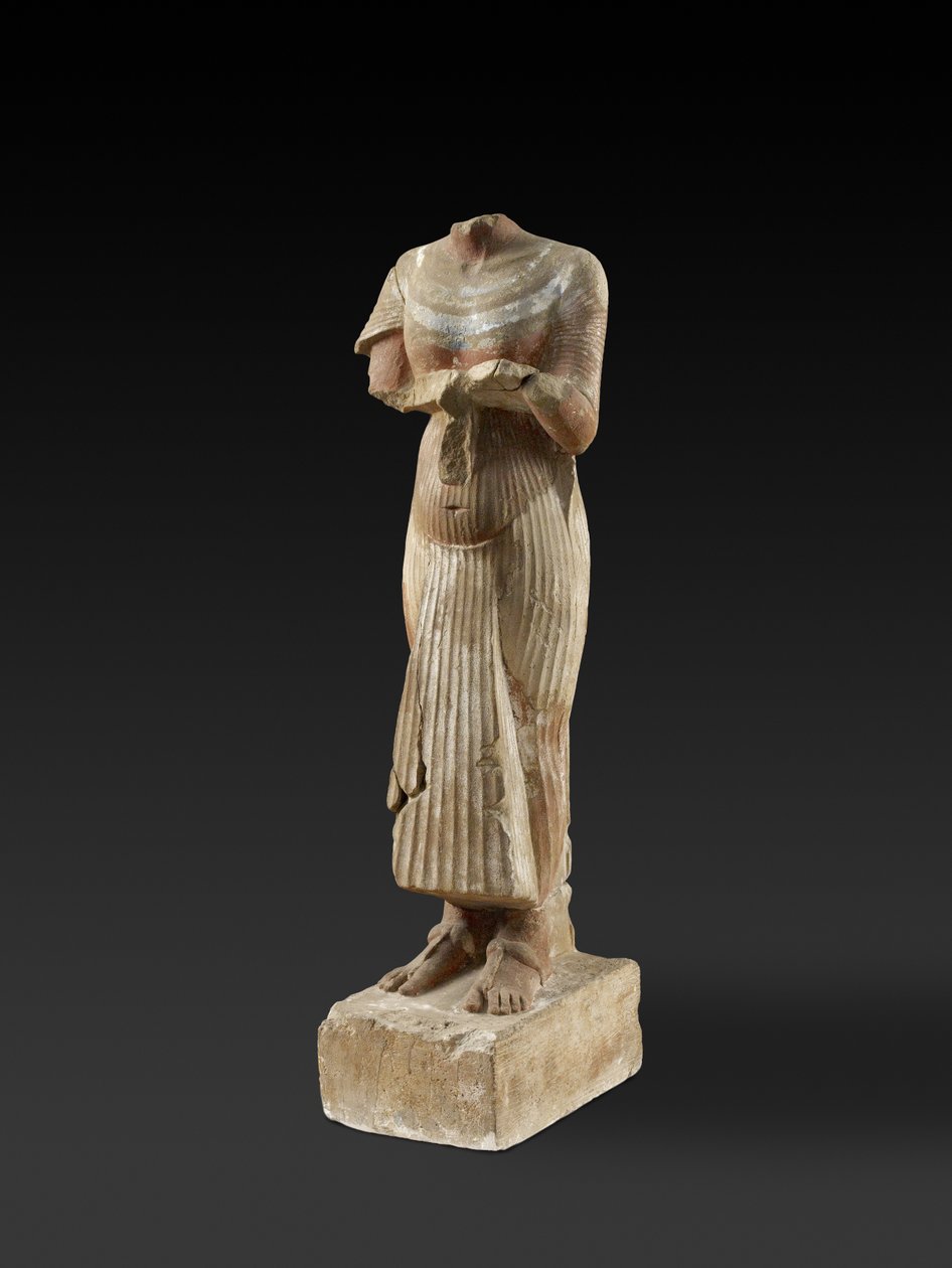 Figura do faraó Akhenaton segurando uma mesa de oferendas (arenito esculpido e pintado) de Egyptian 18th Dynasty