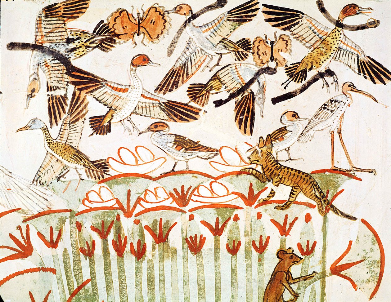 Pesca e aves nos pântanos, detalhe dos pássaros, da Capela Tomba de Menna, New Kingdom (pintura de parede) de Egyptian 18th Dynasty