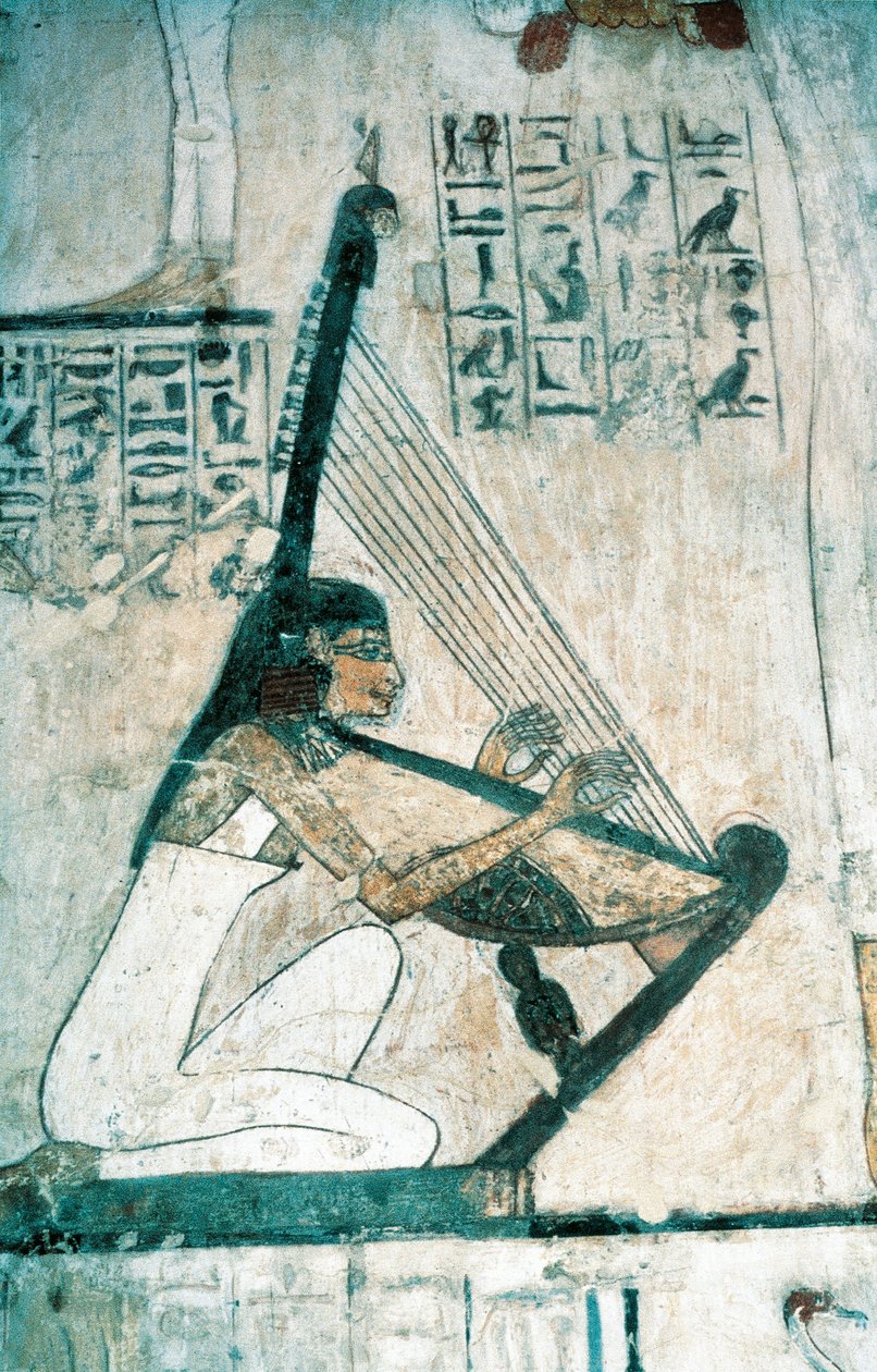 Frescos retratando cena de banquete funerário, com harpista, do Novo Reino de Egyptian 18th Dynasty