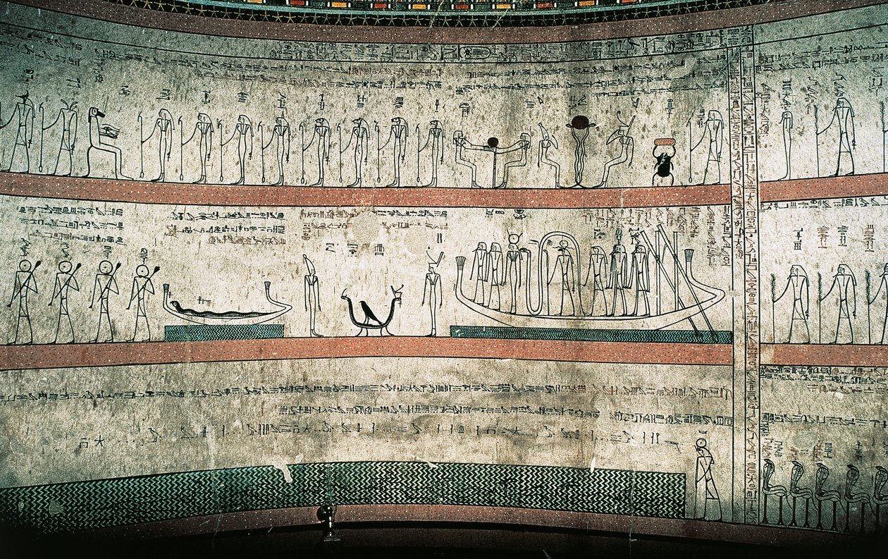 Frescos retratando o Livro de Amduat, A viagem do barco solar, nas câmaras funerárias da parede oeste de Egyptian 18th Dynasty