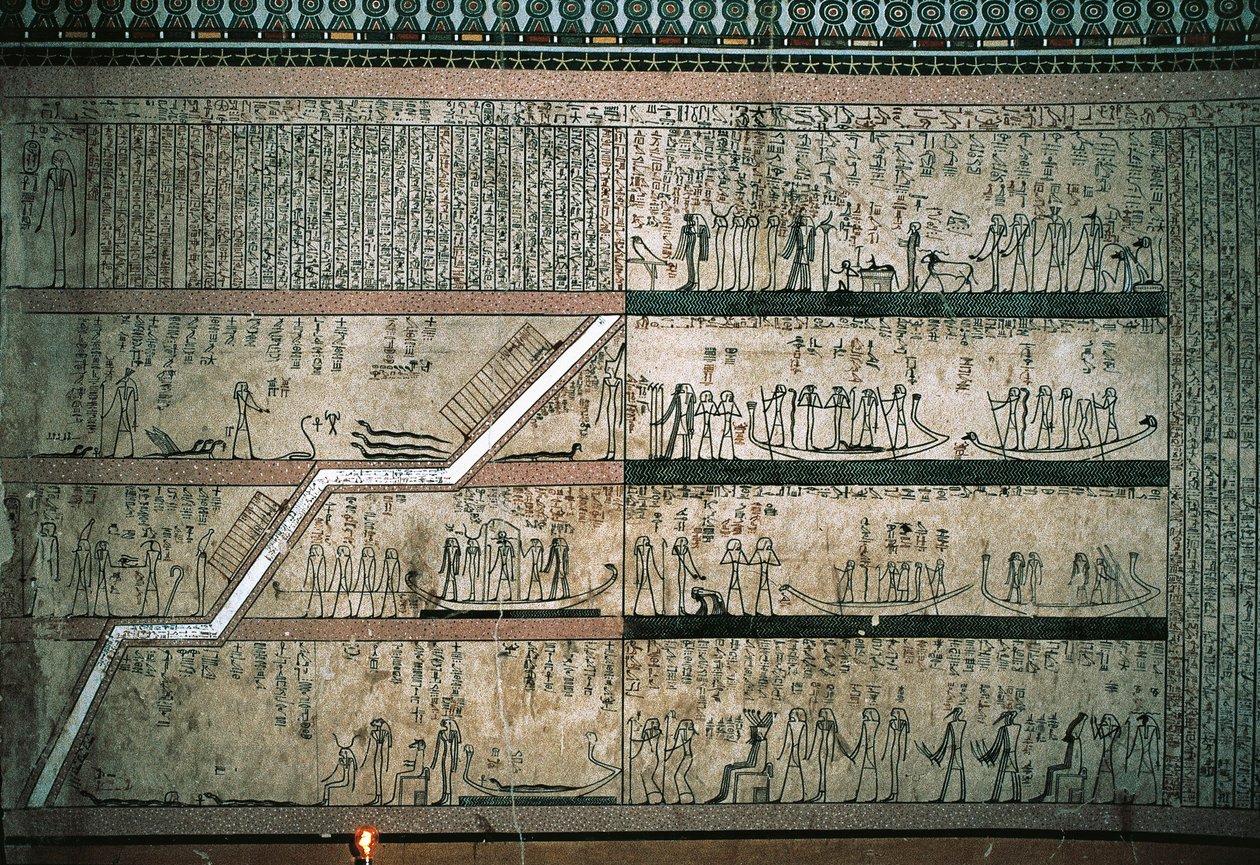 Frescos representando o Livro de Amduat, A viagem da barca solar, na parede leste da câmara funerária de Egyptian 18th Dynasty