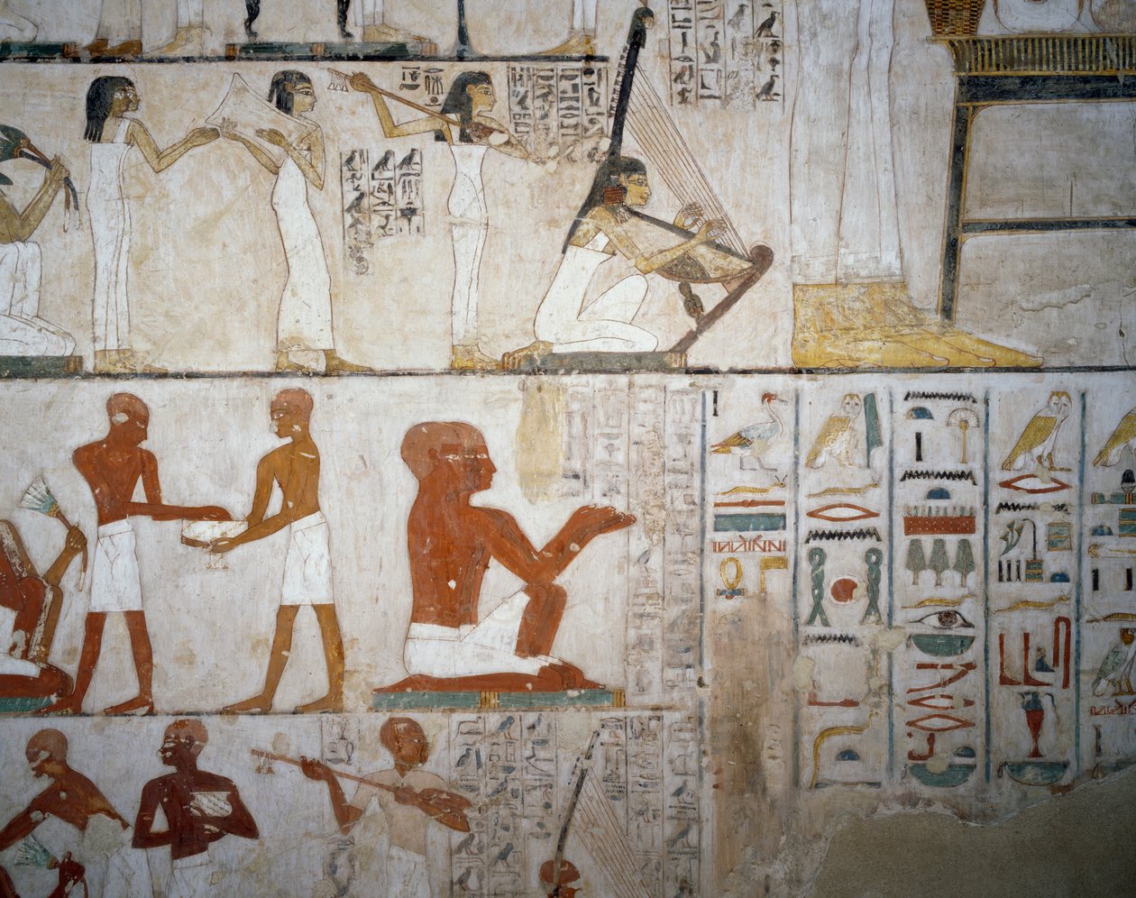 Festa funerária com músicos, homens e músicos, detalhe dos afrescos no Túmulo de Rekhmire, Sheikh Abd el Qurnah Necropolis, Luxor, Tebas (Lista do Património Mundial da Unesco de Egyptian 18th Dynasty