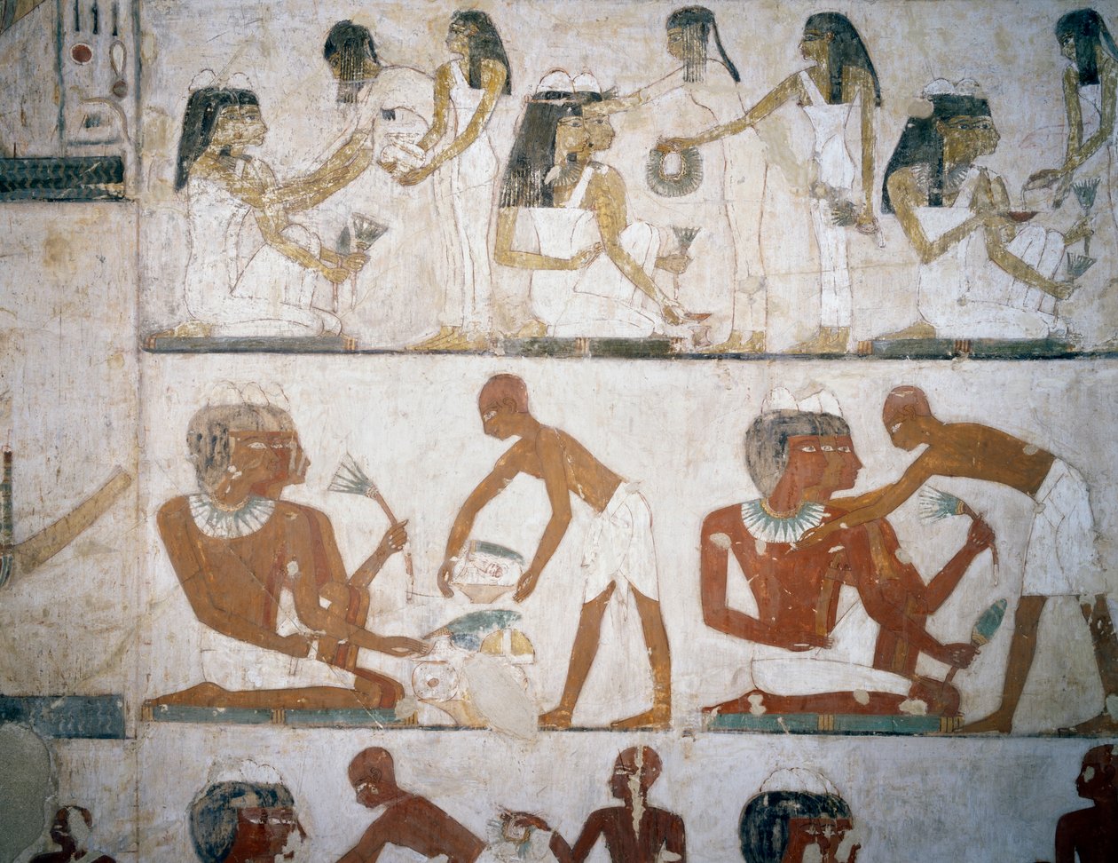 Festa funerária com músicos femininos, mulheres a colocar jóias, homens e músicos, frescos em Túmulo de Rekhmire, Sheikh Abd el Qurnah Necropolis, Luxor, Tebas (Lista do Património Mundial da Unesco de Egyptian 18th Dynasty