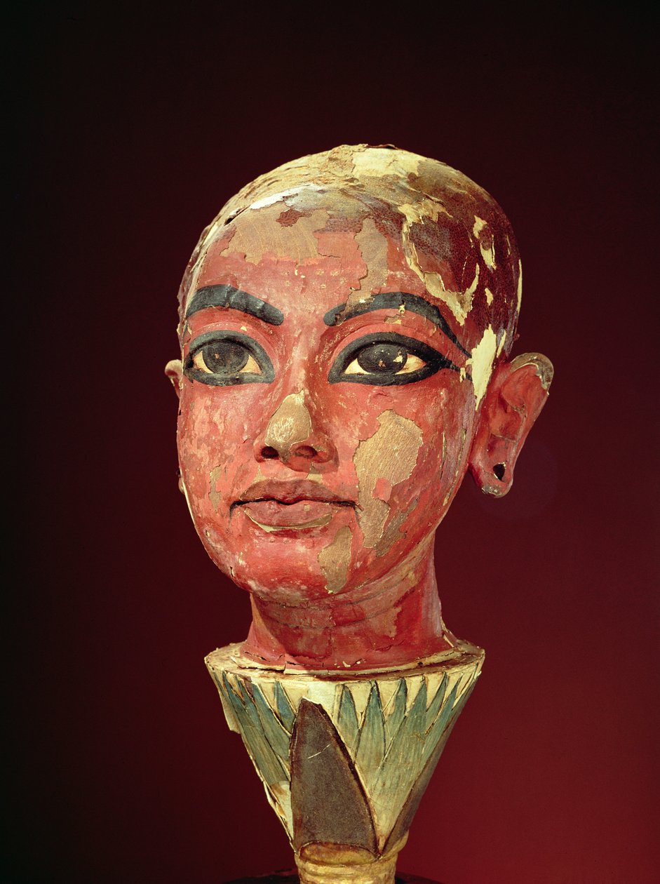 Cabeça do rei criança emergindo de uma flor de lótus, do túmulo de Tutankhamon (c.1370-1352 aC) Novo reino (estuque e madeira pintada) (ver também 149406) de Egyptian 18th Dynasty