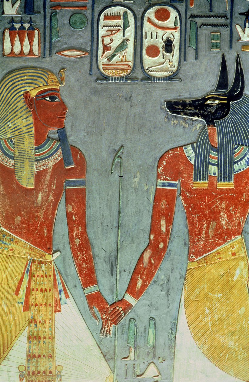 Horemheb e Anubis, do túmulo de Horemheb (c.1323-1295 aC) New Kingdom (pintura de parede) de Egyptian 18th Dynasty
