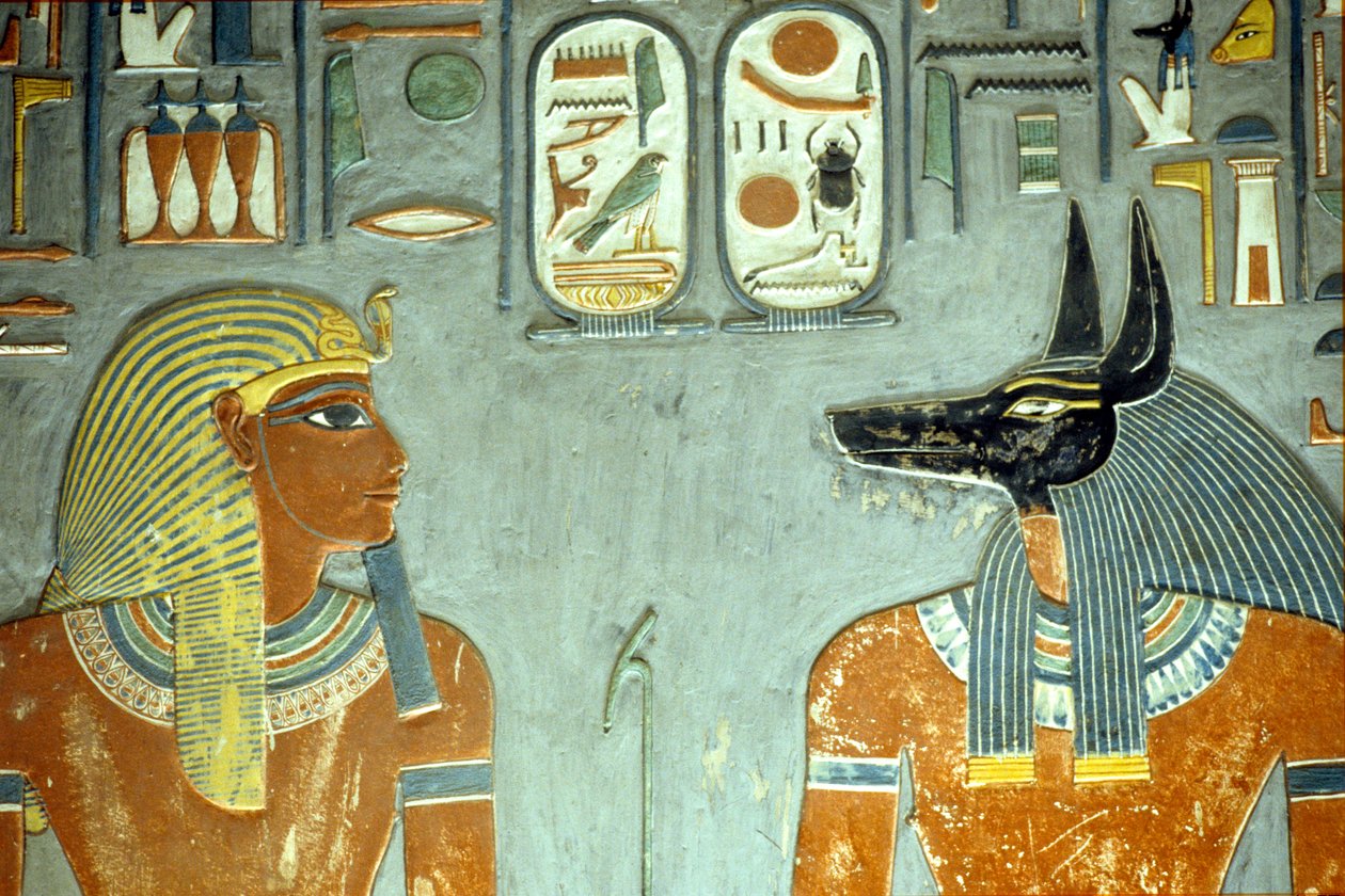 Horemheb e Anubis, do túmulo de Horemheb (c.1323-1295 aC) New Kingdom (pintura de parede) (detalhe de 218343) de Egyptian 18th Dynasty