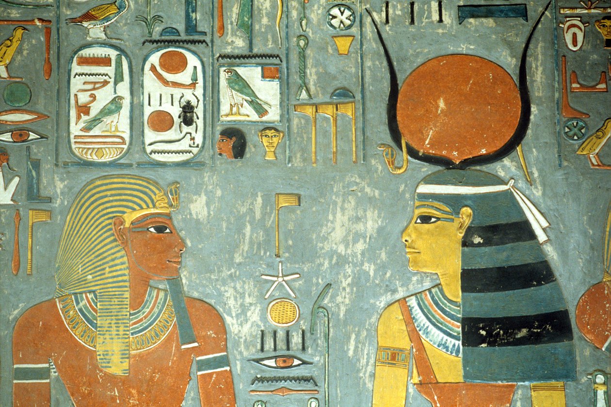 Horemheb e Hathor, do túmulo de Horemheb (c.1323-1295 aC) Novo Reino (pintura de parede) (detalhe de 218340) de Egyptian 18th Dynasty