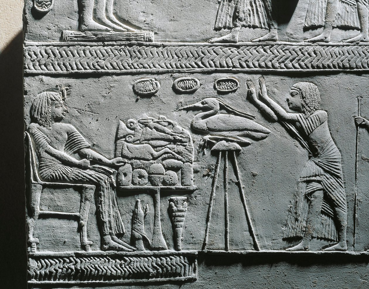 Horemheb comendo a refeição funerária, relevo do túmulo de Horemheb em Saqqara de Egyptian 18th Dynasty