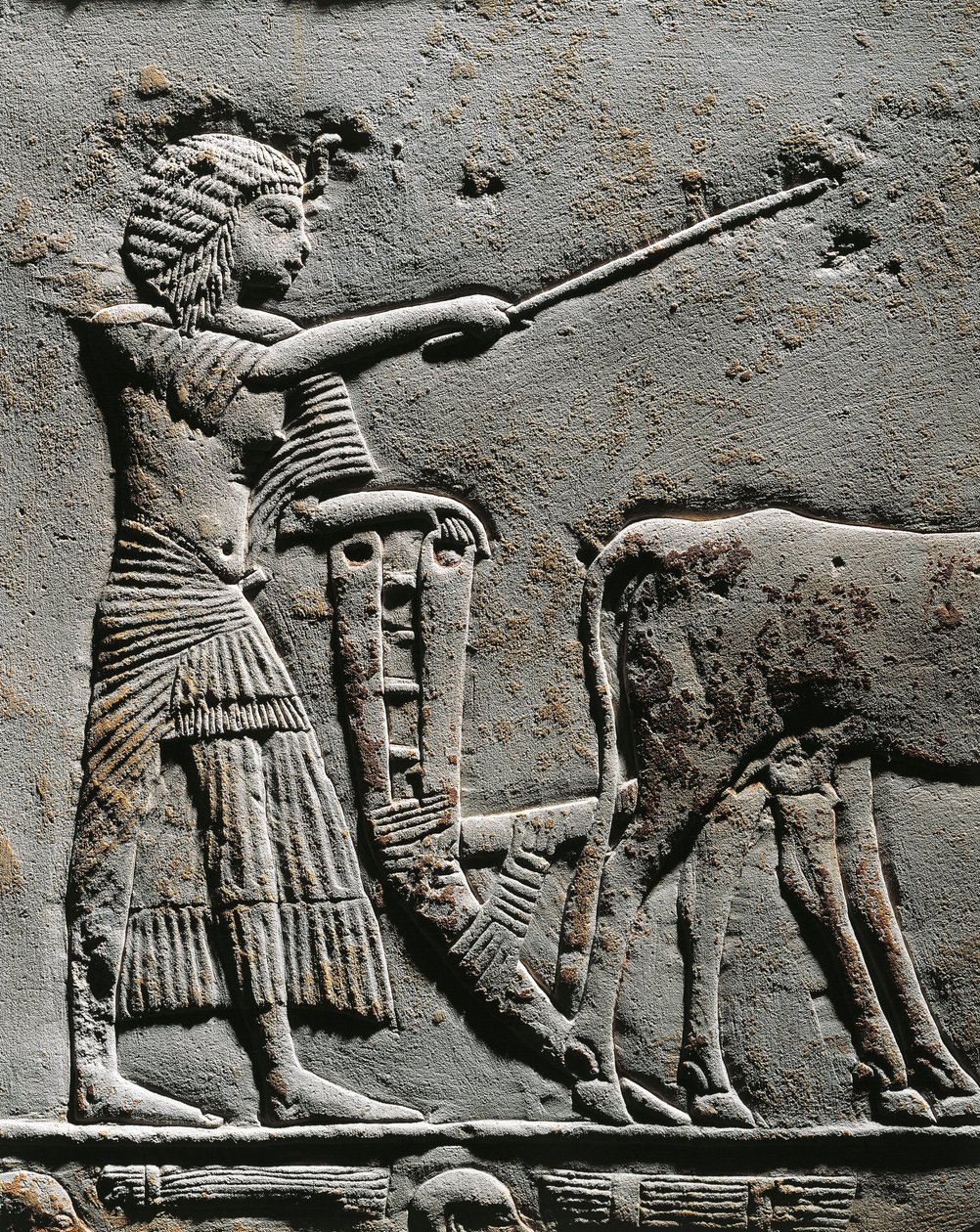 Horemheb lavrando a terra nos Campos de Iaru, relevo do túmulo de Horemheb em Saqqara, pormenor de Egyptian 18th Dynasty
