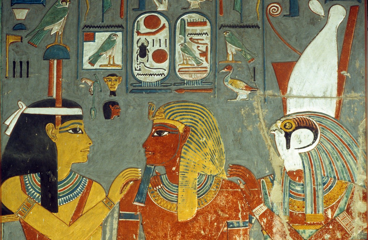 Horus, Horemheb e Hathor, do túmulo de Horemheb (c.1323-1295 aC) New Kingdom (pintura de parede) de Egyptian 18th Dynasty