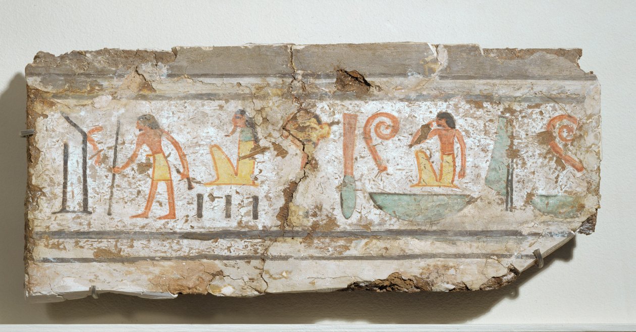 Inscrição em hieróglifos particularmente claros: um homem com a sua bengala, um deus barbudo de cócoras, um homem com a mão na boca ... de Egyptian 18th Dynasty