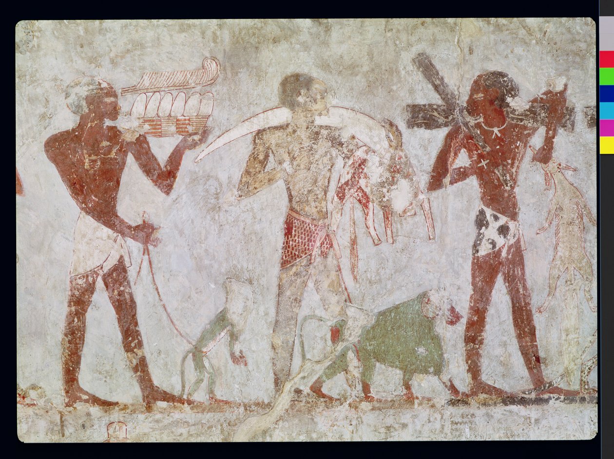 Kushitas carregando tributos de ouro, marfim e peles de animais, do túmulo de Rekhmire, vizir de Tutmosis III e Amenhotep II, New Kingdom (pintura de parede) de Egyptian 18th Dynasty