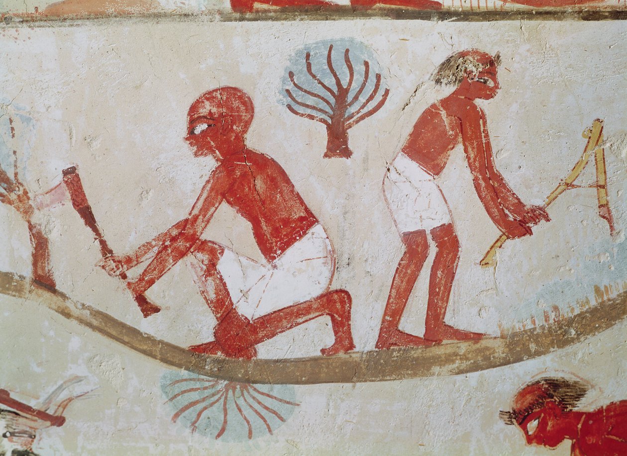 Operário e Lenhador no Trabalho, do Túmulo de Nakht, Novo Reino (pintura de parede) de Egyptian 18th Dynasty