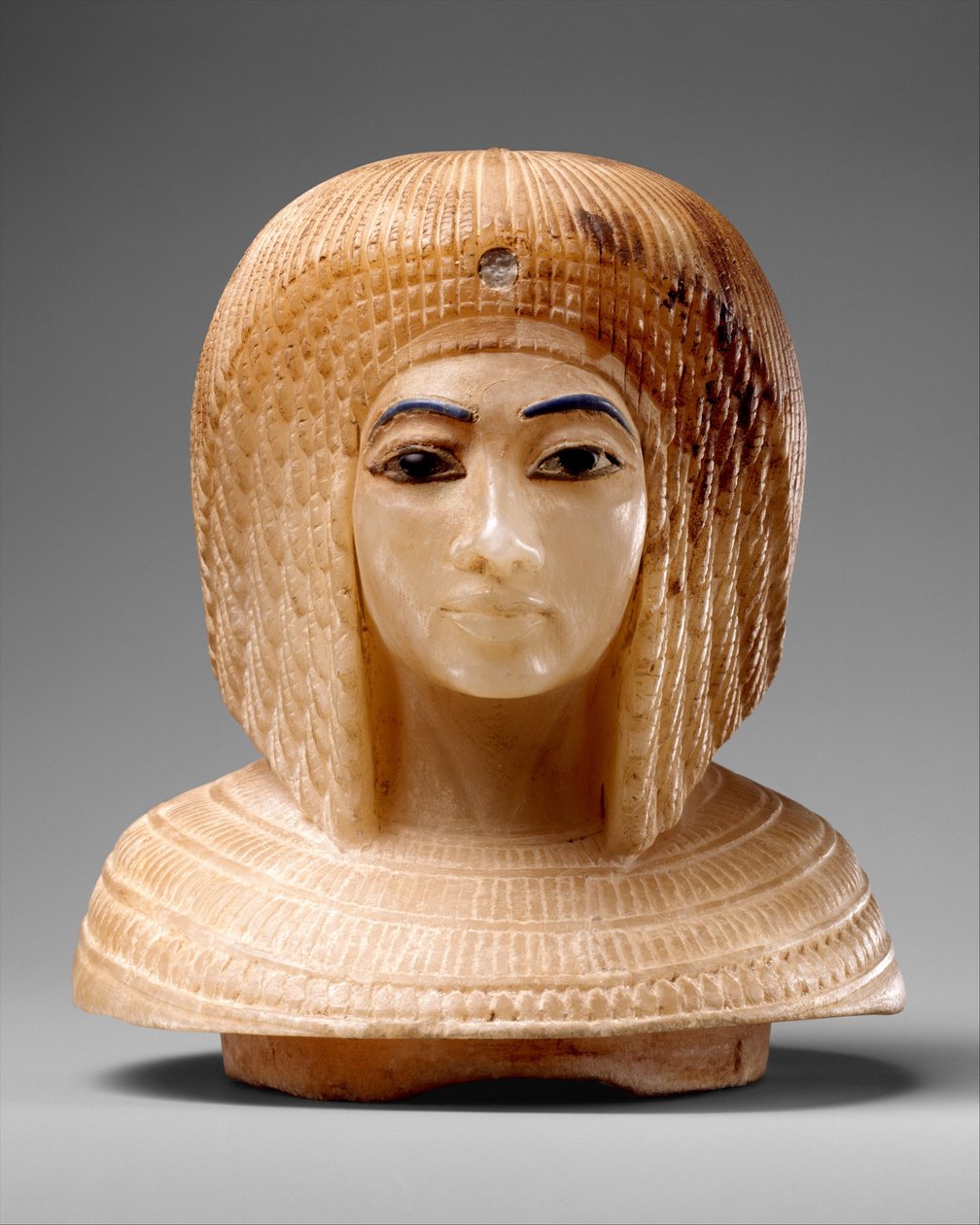 Tampa em forma de cabeça de mulher real, c.1349-36 a.C. (travertino, vidro azul, obsidiana) de Egyptian 18th Dynasty