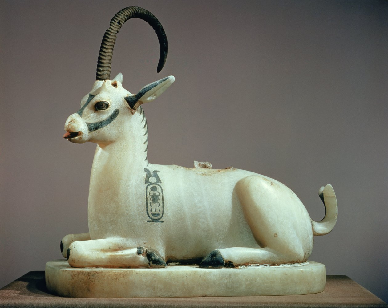 Tampa de um frasco de unguento na forma de um íbex, do túmulo de Tutancâmon (c.1370-52 aC) Novo Reino (alabastro pintado) de Egyptian 18th Dynasty