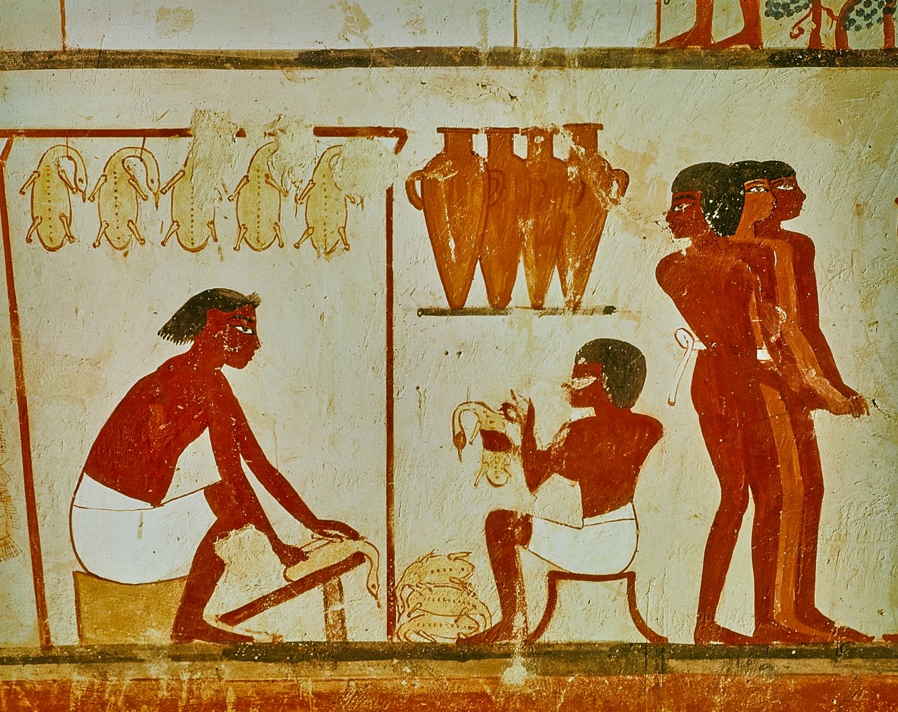 Processamento de carne dos pássaros, detalhe do túmulo de Nakht, c.1390 aC (pintura de parede) de Egyptian 18th Dynasty