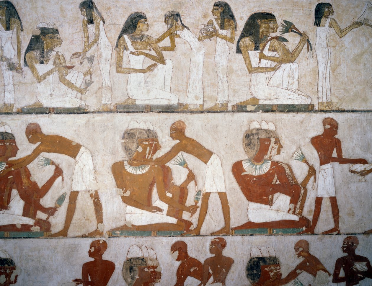 Homens e mulheres a colocar jóias, detalhe dos frescos do Túmulo de Rekhmire, Sheikh Abd el Qurnah Necropolis, Luxor, Thebes (Lista do Património Mundial da Unesco de Egyptian 18th Dynasty