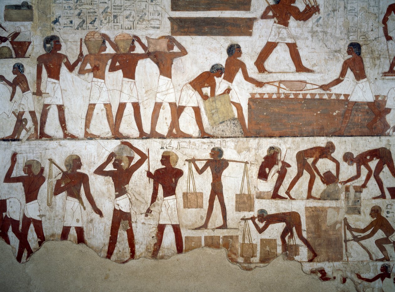 Homens a trabalhar, detalhe dos afrescos no Túmulo de Rekhmire, Sheikh Abd el Qurnah Necropolis, Luxor, Thebes (Lista do Património Mundial da Unesco de Egyptian 18th Dynasty