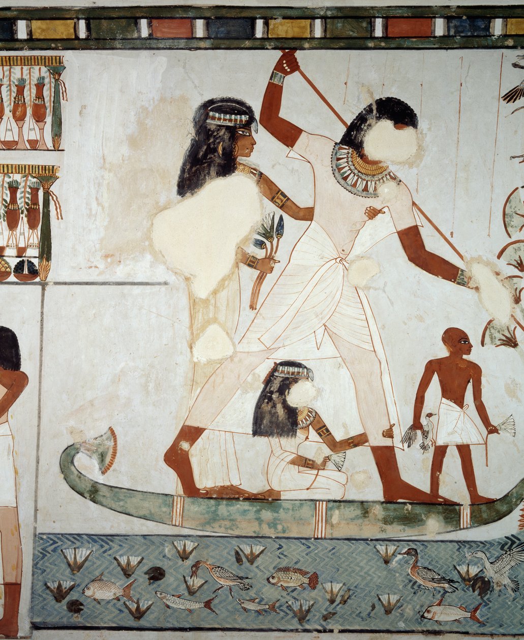 Menna e a sua família a pescar e a aves nos pântanos do Nilo, detalhe dos frescos da capela do Túmulo de Menna, Sheikh Abd el Qurnah Necropolis, Luxor, Thebes (Lista do Património Mundial da Unesco de Egyptian 18th Dynasty