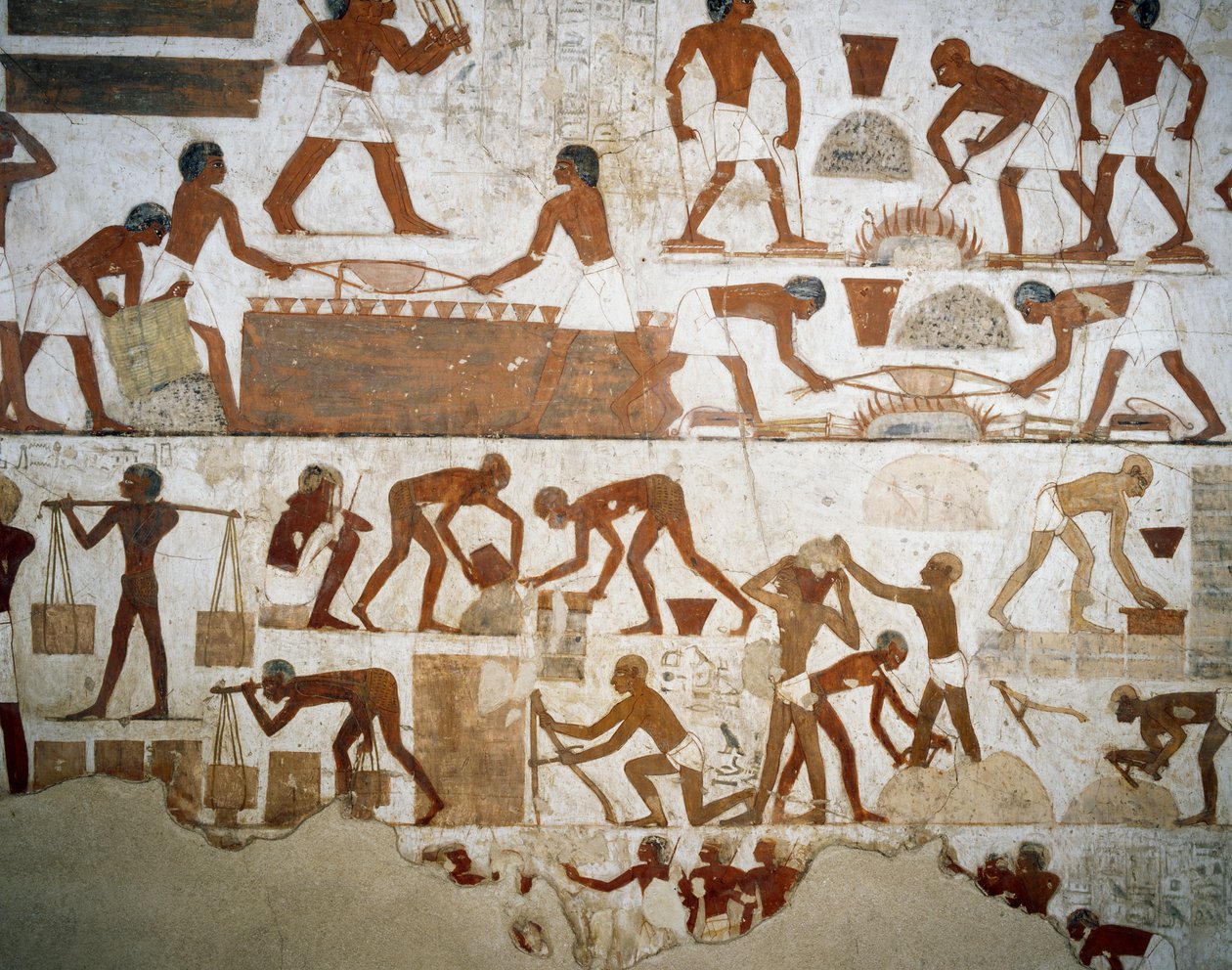 Processamento de metais e fabricação de tijolos, detalhe de afrescos em Túmulo de Rekhmire, Sheikh Abd el Qurnah Necropolis, Luxor, Thebes (Lista do Património Mundial da Unesco de Egyptian 18th Dynasty
